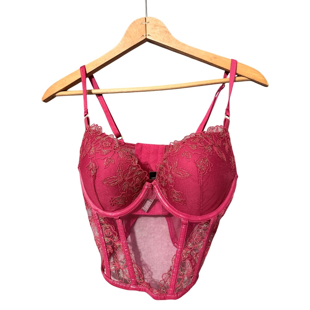 Victoria's Secret Very Sexy Push-Up Corset Top 34C Floral Lace Red Gold Festival